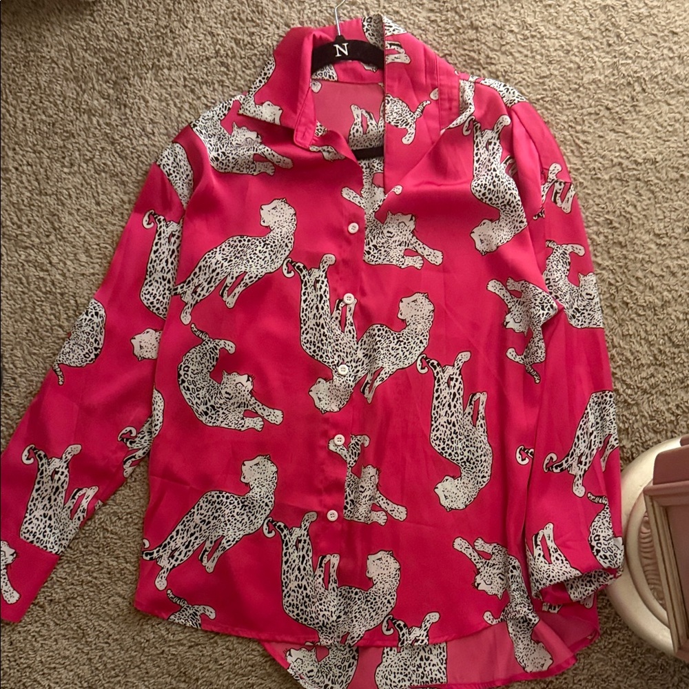 Pink Leopard Print Button-Up Shirt